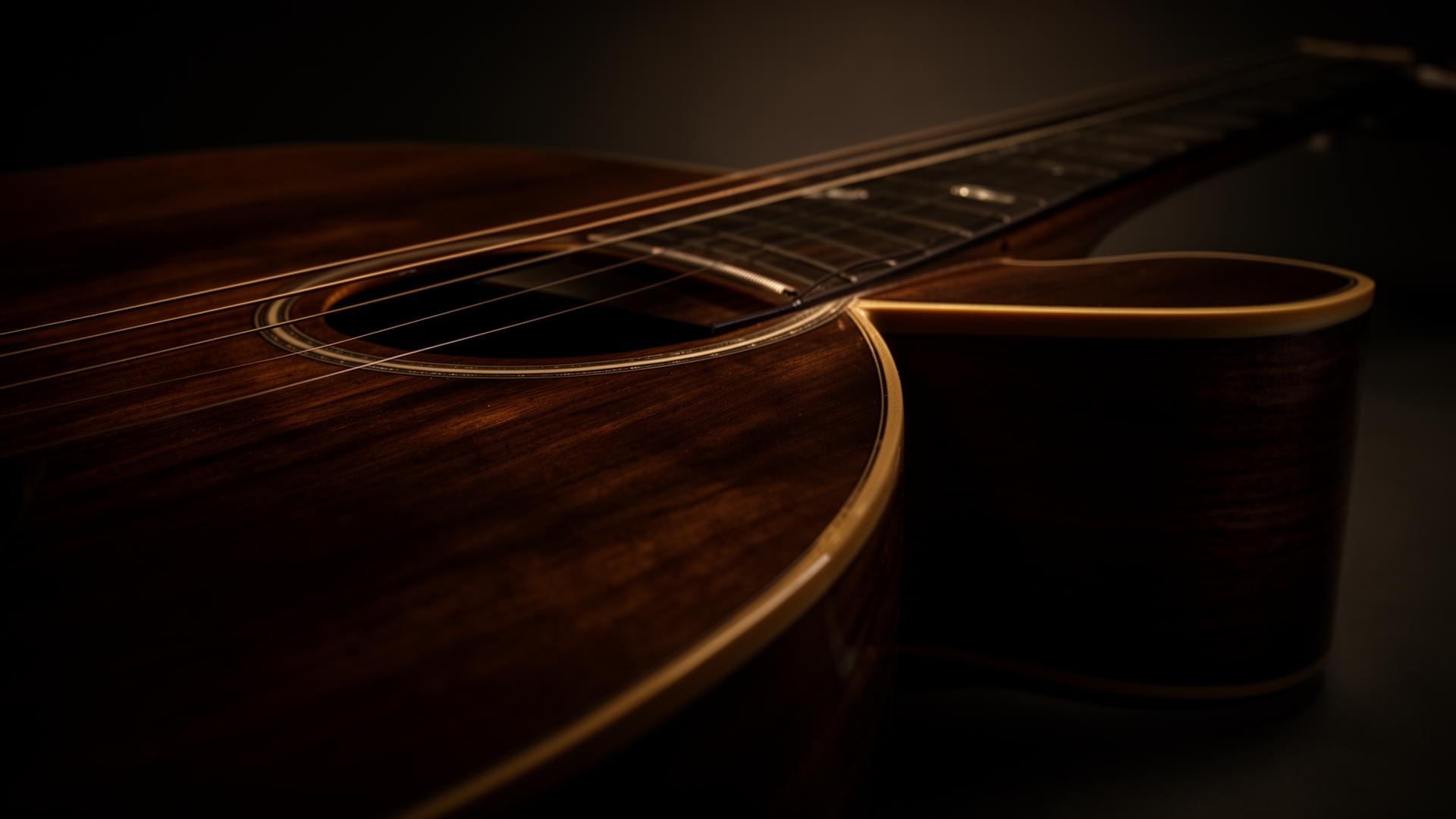 Young male musician with acoustic guitar slung over shoulder backstage under warm dim lighting