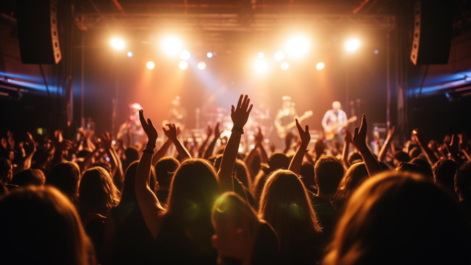 Live music crowd with hands raised under warm stage lights